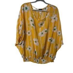 Vintage Zenobia Yellow Floral Sheer Blouse Plus Size 3x banded open back 70s 80s